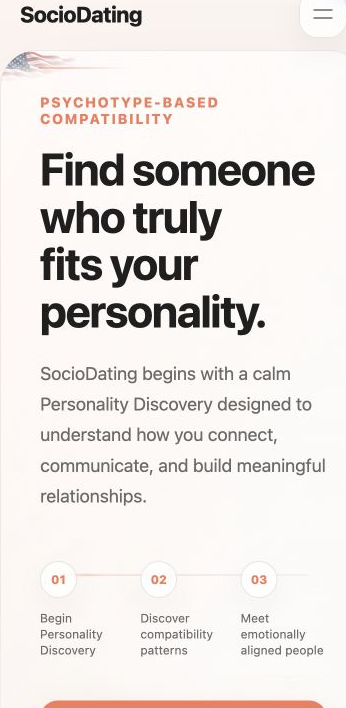 Current SocioDating public home page in its mobile layout.